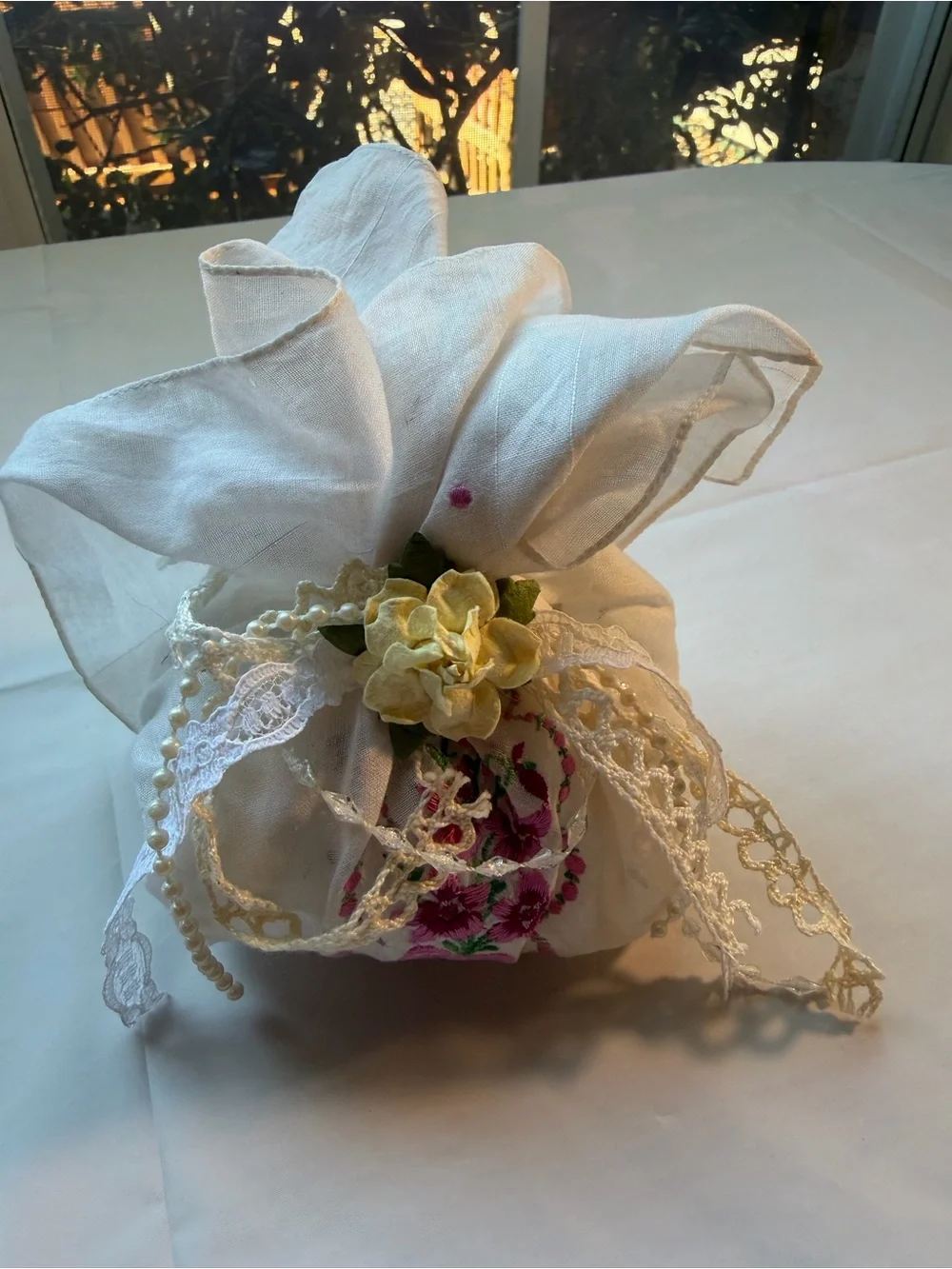 VINTAGE Embroidered Handkerchief Sachet Pouches Lace Floral Pair (2) Cottagecore